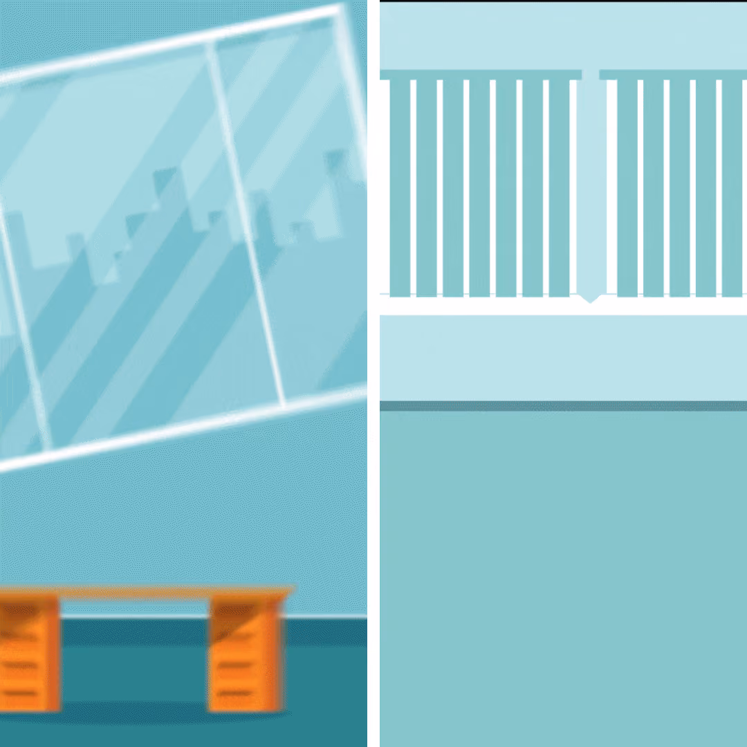 An animated office interior — a glass-walled meeting room, a desk and a window with blinds — used as a background in Squideo's animation