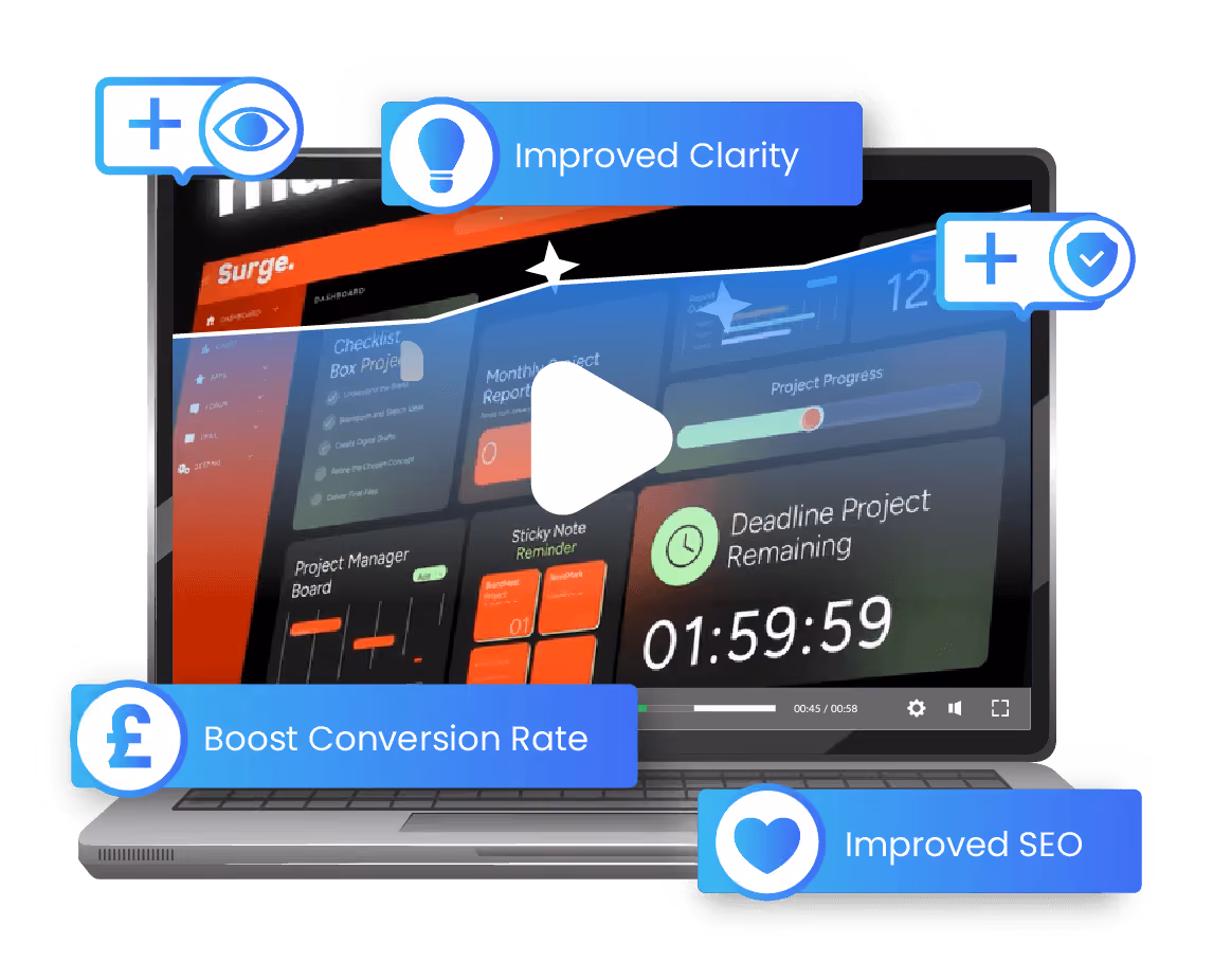 A video playing on a laptop over a rising performance graph, labelled Improved Clarity, Boost Conversion Rate and Improved SEO