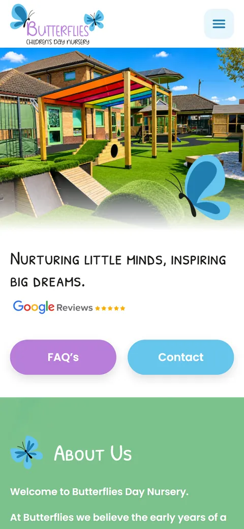 The Butterflies Children's Day Nursery homepage on a phone.