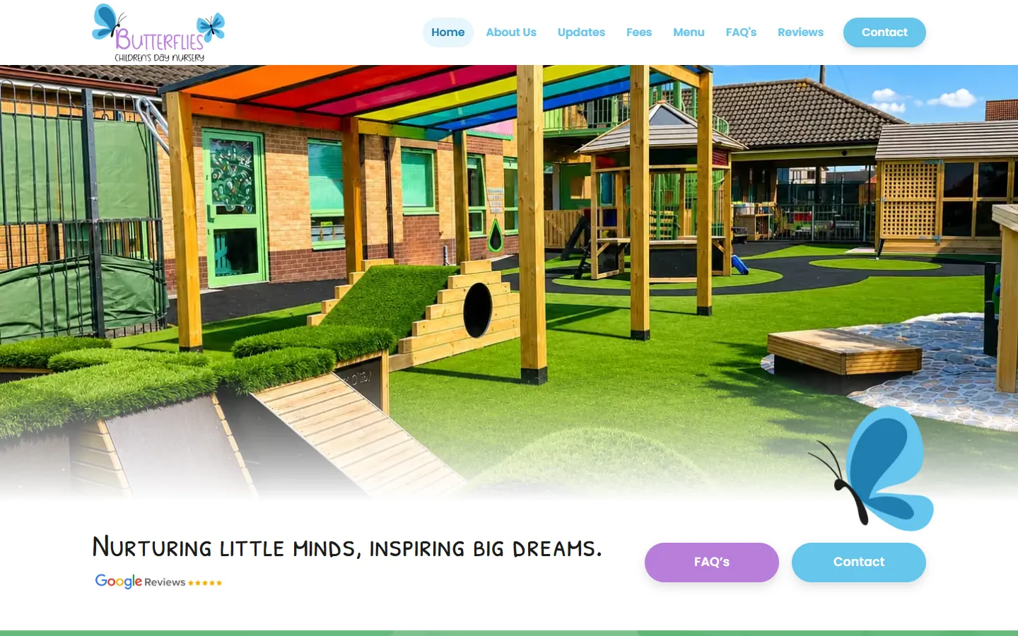 The Butterflies Children's Day Nursery homepage: a large photo of the nursery garden under the nursery's logo and menu.
