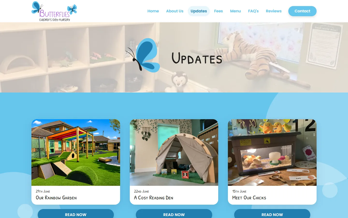The Butterflies updates page: three posts written by nursery staff, each with a photo, a date and a read now button.