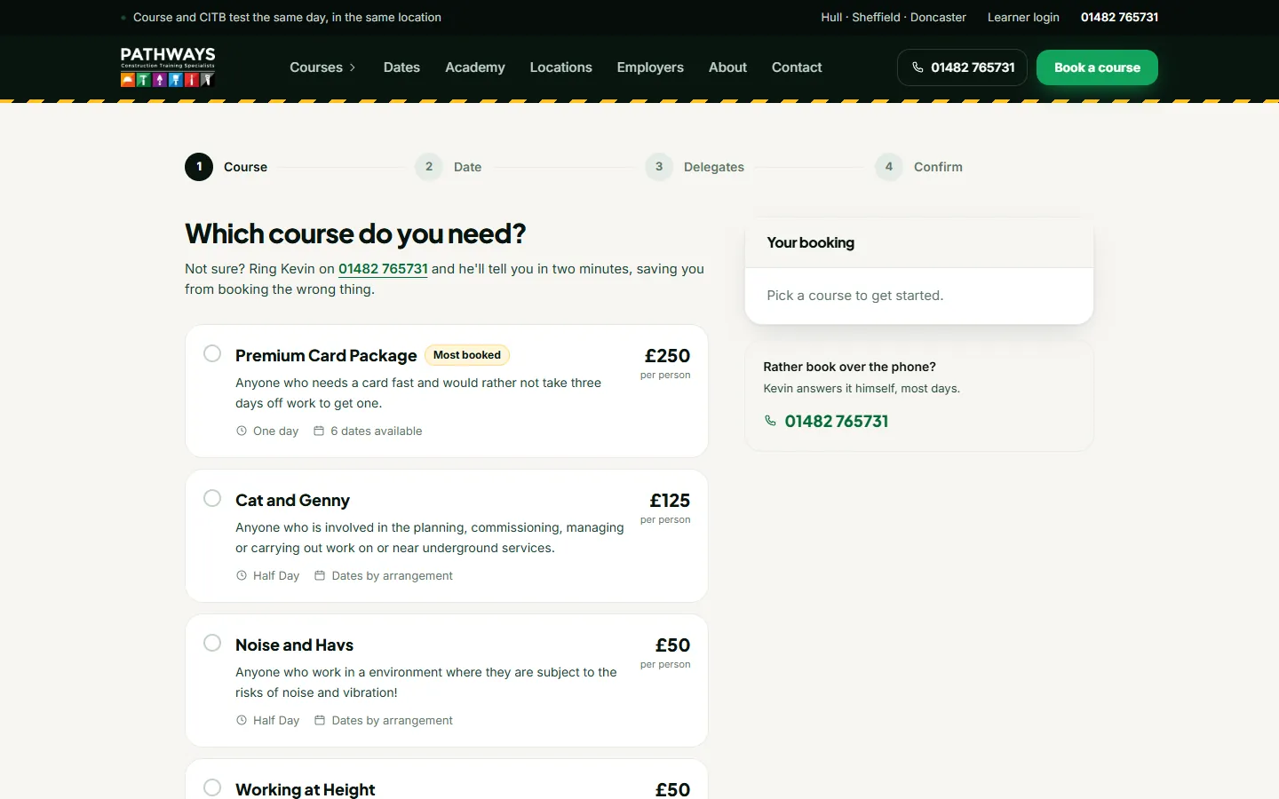 The first step of the Pathways Training booking form: choosing a course, with prices and a booking summary beside it.