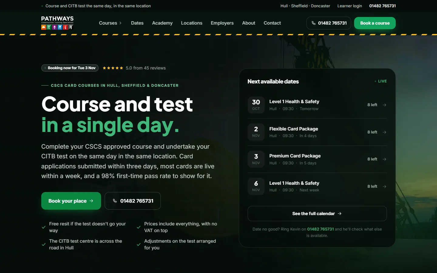 The Pathways Training homepage: a headline promising the course and test in a single day, beside a live list of the next available course dates.