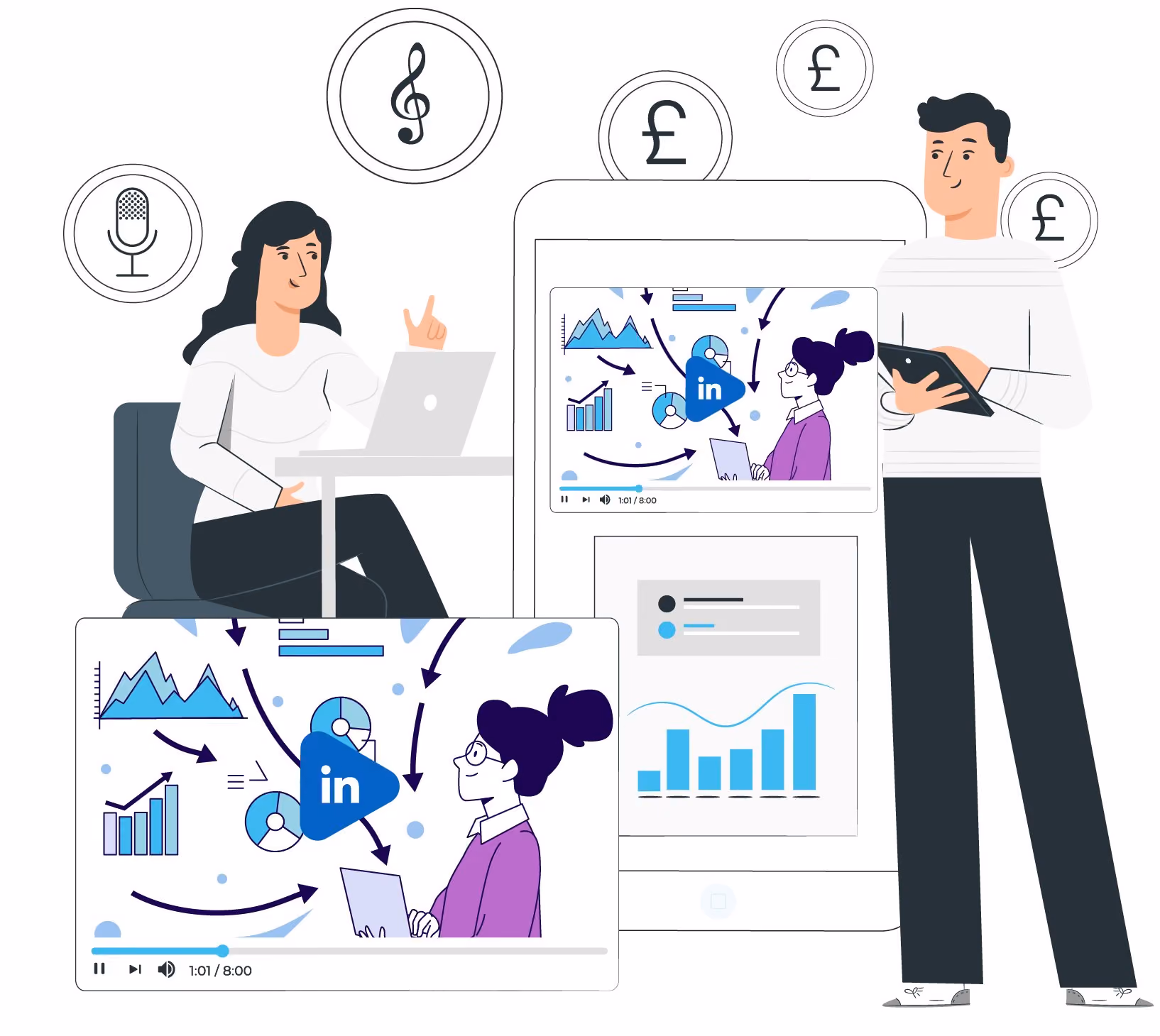Illustration of two colleagues watching LinkedIn videos of charts and graphs, surrounded by pound coins