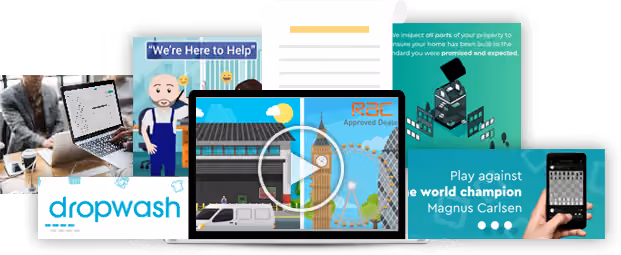 A spread of finished video stills — a laptop playing an animated street scene, and frames for dropwash, an RAC Approved Dealer, a property inspection, a customer-service character saying 'We're Here to Help', and a chess app offering a game against world champion Magnus Carlsen