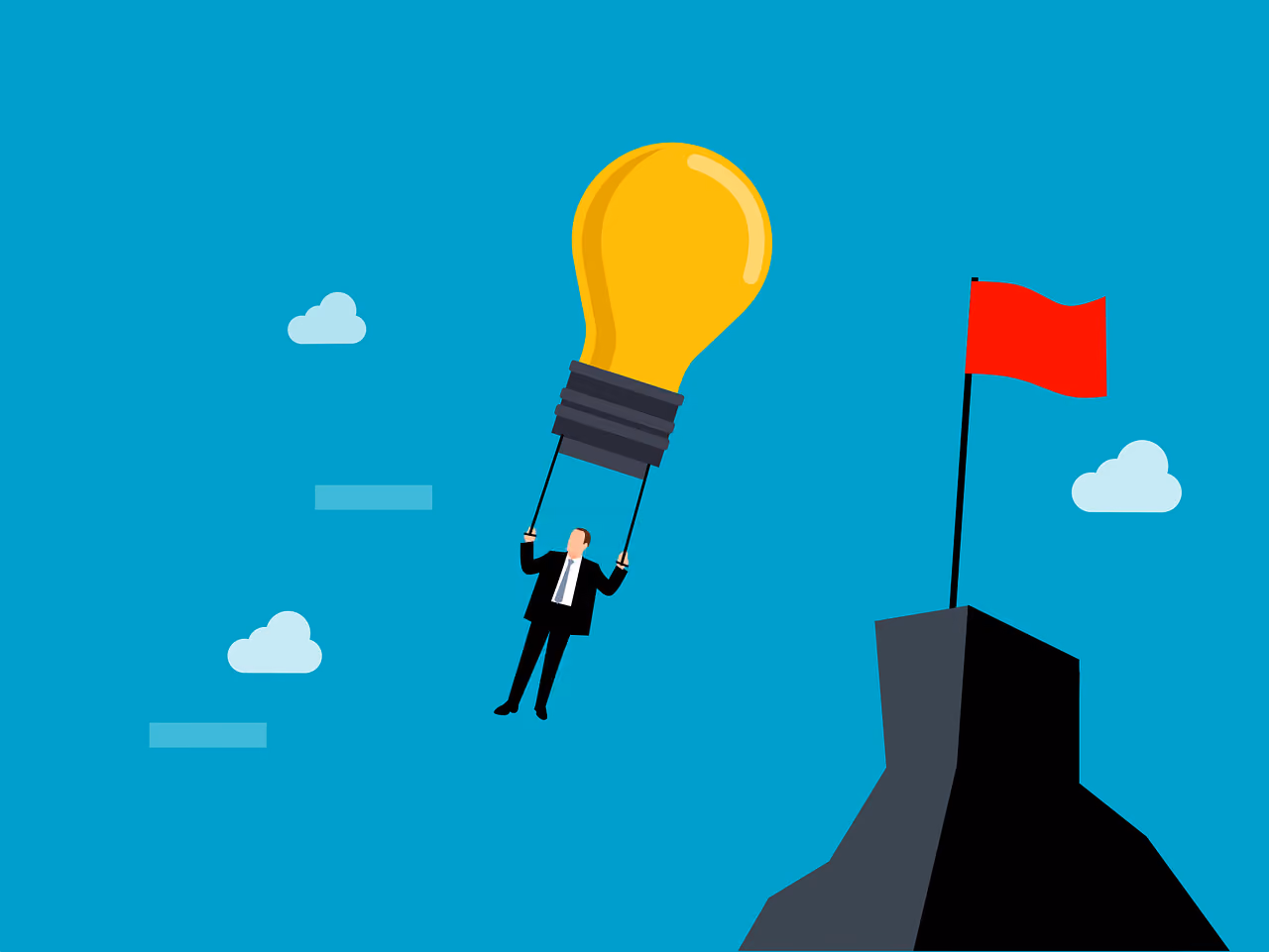 Illustration of a businessman carried by a lightbulb hot-air balloon towards a flag on a summit