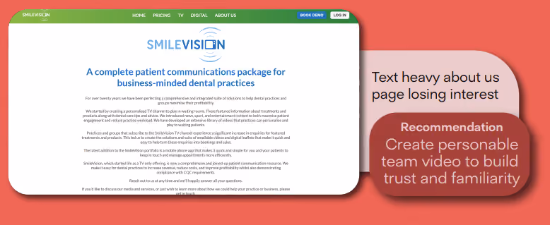 An annotated review of the SmileVision website: a wall of text on its about page, marked 'text heavy about us page losing interest', with the recommendation to create a personable team video to build trust and familiarity